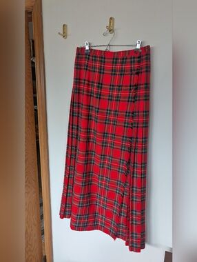 Long Pure Virgin Wool Stewart Red Tartan Pleated Skirt